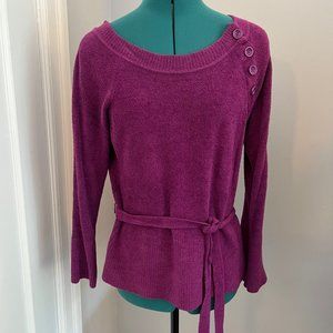 Soft, comfy and sexy Magenta sweater with button detail and a waist tie, Sz M